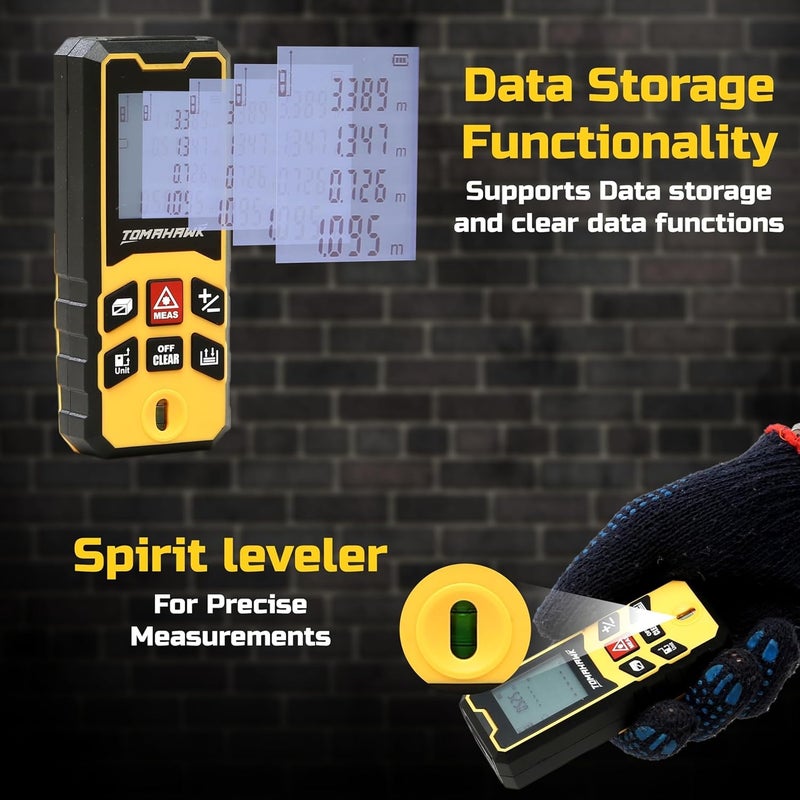 Tomahawk ® TLM-O-40 Laser Distance Meter Measurer 131Ft/40M with Area, Volume and Pythagoras Measurement - Water and Dust Resistant Laser Measuring Device with Backlit LCD, Battery Included - Image 5