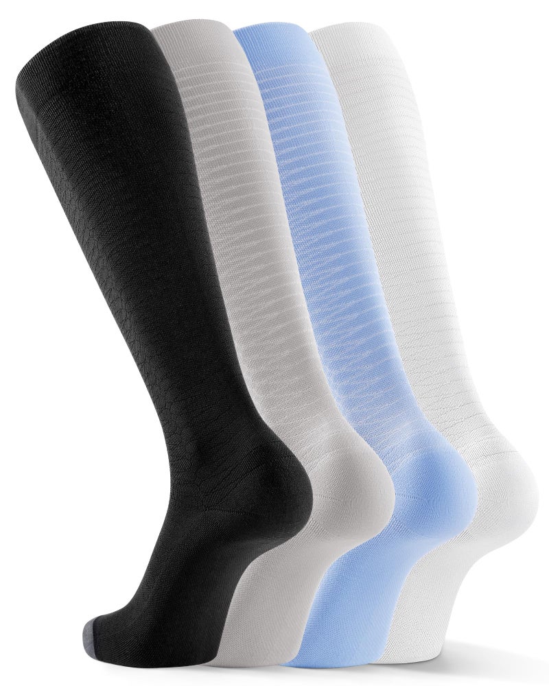 FITRELL 4 Pairs Compression Socks for Women & Men, 20-30mmHg Circulation Support for Athletic Travel Daily Wear, White+Black+Grey+Blue, Small-Medium - Image 1