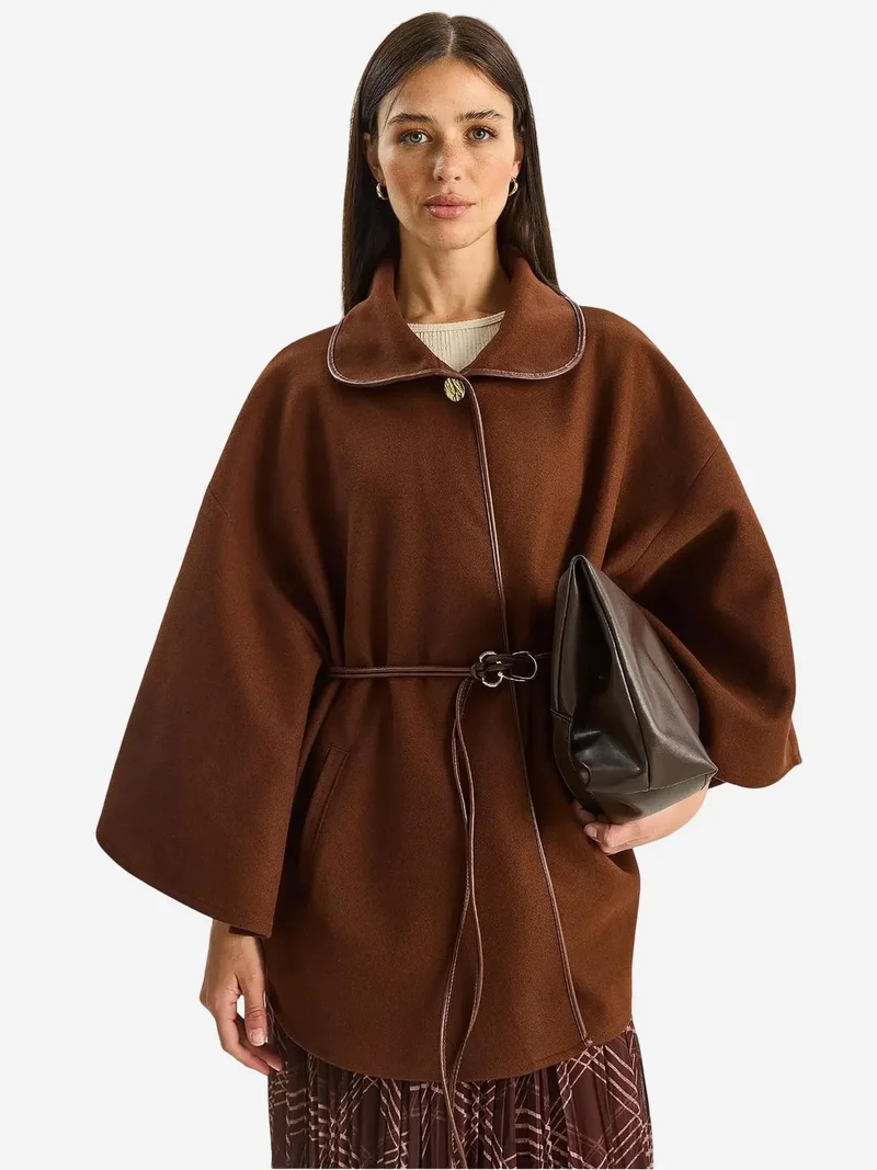 Bianco Lucci LUCCI Oversized Textured Wool Blend Overcoat with Jacket Collar