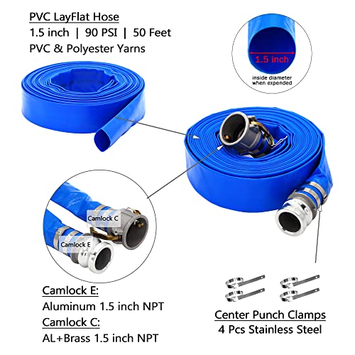DAVCO 1.5" ID × 50 ft Pool Backwash Hose, Heavy Duty Reinforced Blue PVC Lay Flat Water Discharge Pump Hoses For Swimming Drain Pools and Clean Filters, with Aluminum Camlock C and E Fittings - Image 3