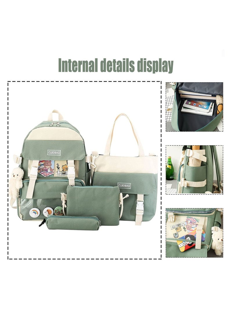 SOLARAE 4-Piece Kawaii Backpack Set with Bear Pendant - Cute Cartoon Canvas School Bag, Pencil Case, and Lunch Box Bag (Green) - Perfect for Kids and Students! - Image 4