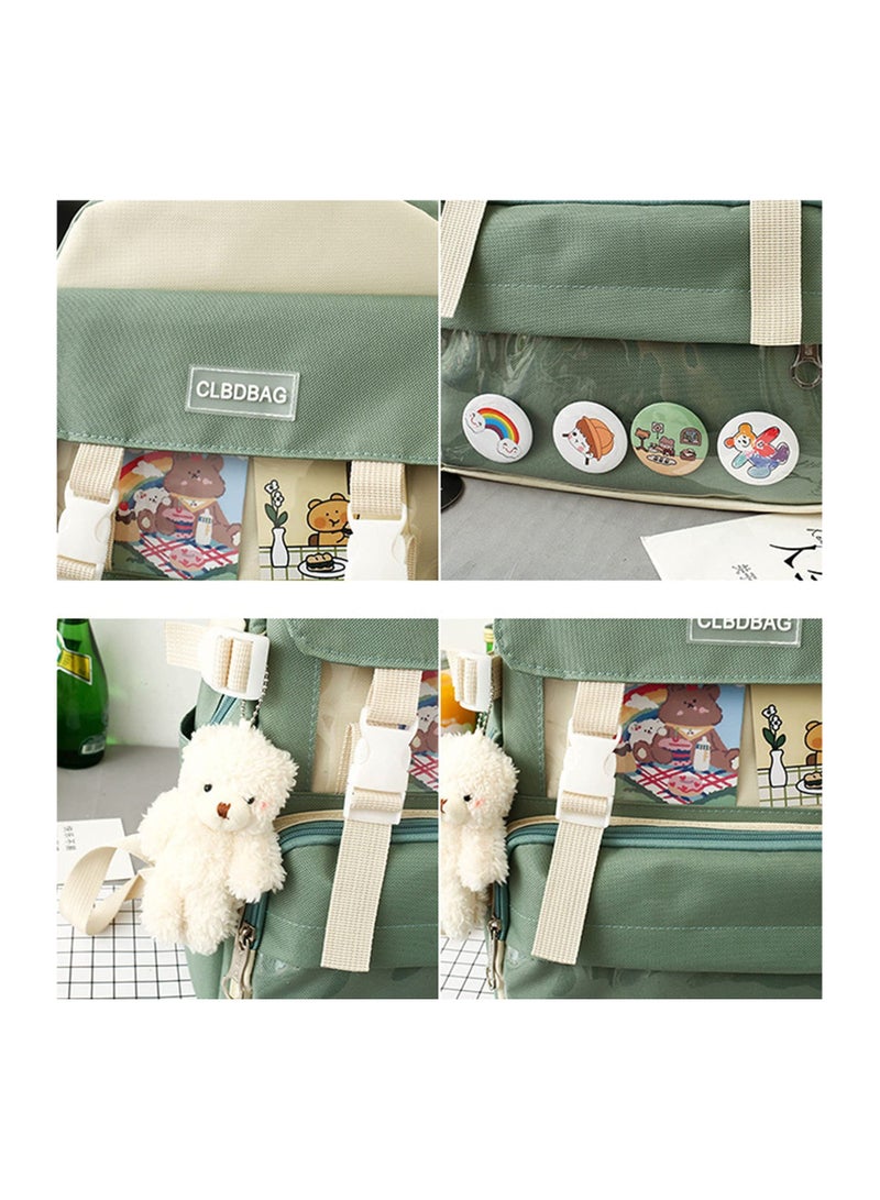 SOLARAE 4-Piece Kawaii Backpack Set with Bear Pendant - Cute Cartoon Canvas School Bag, Pencil Case, and Lunch Box Bag (Green) - Perfect for Kids and Students! - Image 2