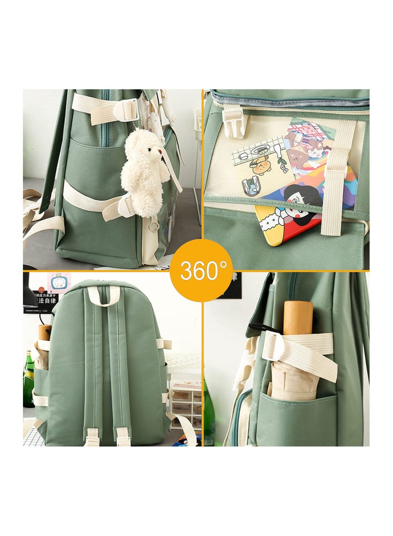 SOLARAE 4-Piece Kawaii Backpack Set with Bear Pendant - Cute Cartoon Canvas School Bag, Pencil Case, and Lunch Box Bag (Green) - Perfect for Kids and Students! - Image 3
