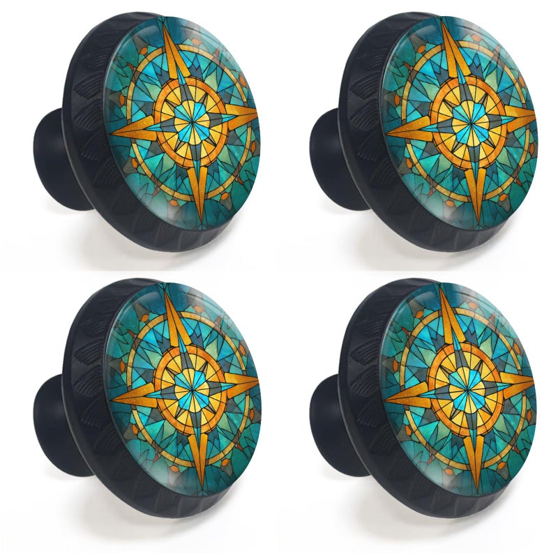 Artinhand 4 Pack Stained Glass Retro Compass Cabinet Knobs Round Drawer Pulls Black Dresser Knob Cupboard Door Handles Hardware for Kitchen Bathroom Cabinets - Image 2