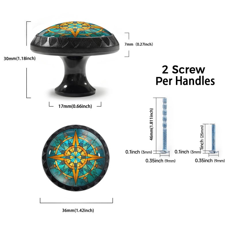 Artinhand 4 Pack Stained Glass Retro Compass Cabinet Knobs Round Drawer Pulls Black Dresser Knob Cupboard Door Handles Hardware for Kitchen Bathroom Cabinets - Image 3