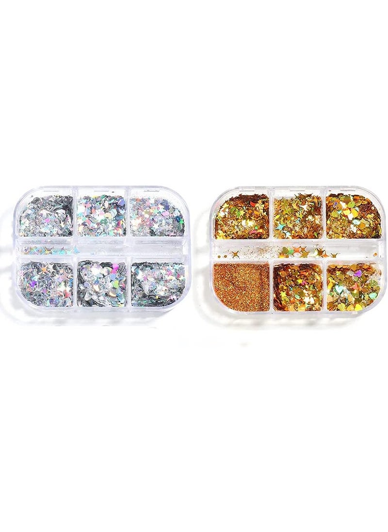 esowemsn 2 Boxes of Gold and Silver Nail Art Glitters Sequins 3D Glitter Flakes Sparkly Shiny Love Heart Star Moon Paillette Slice Sugar Powder Manicure Tips Nail Art Decoration Accessories 