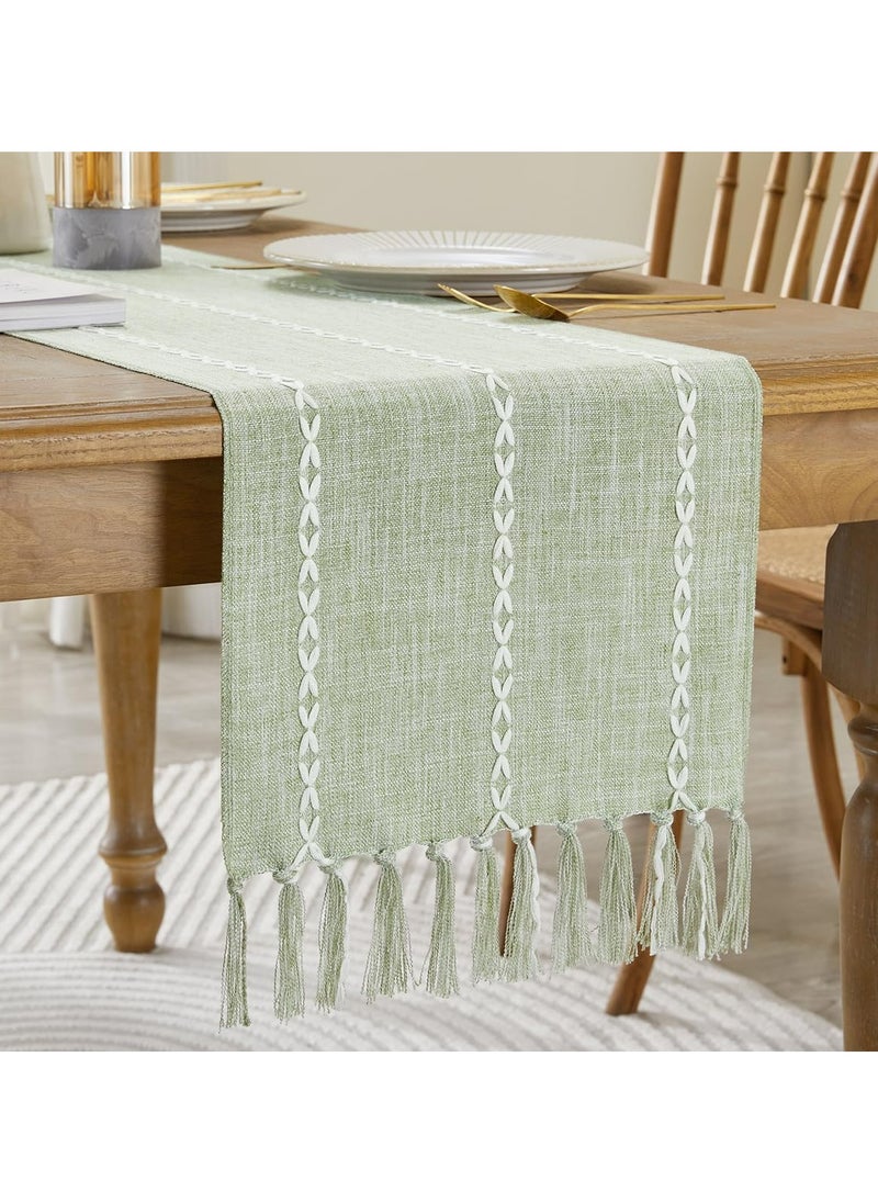 Dominy Rustic Linen Table Runner Farmhouse Style Table Runners 72 inches Long Embroidered Table Runner with Hand-Tassels for Party, Dresser Decor and Dining Room Decorations (Desert Sage, 13"×72")  - Image 1