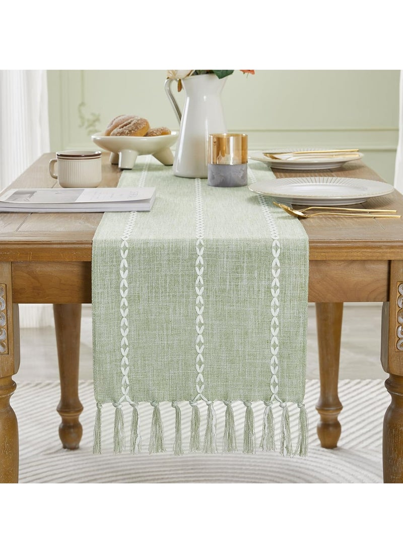 Dominy Rustic Linen Table Runner Farmhouse Style Table Runners 72 inches Long Embroidered Table Runner with Hand-Tassels for Party, Dresser Decor and Dining Room Decorations (Desert Sage, 13"×72")  - Image 4