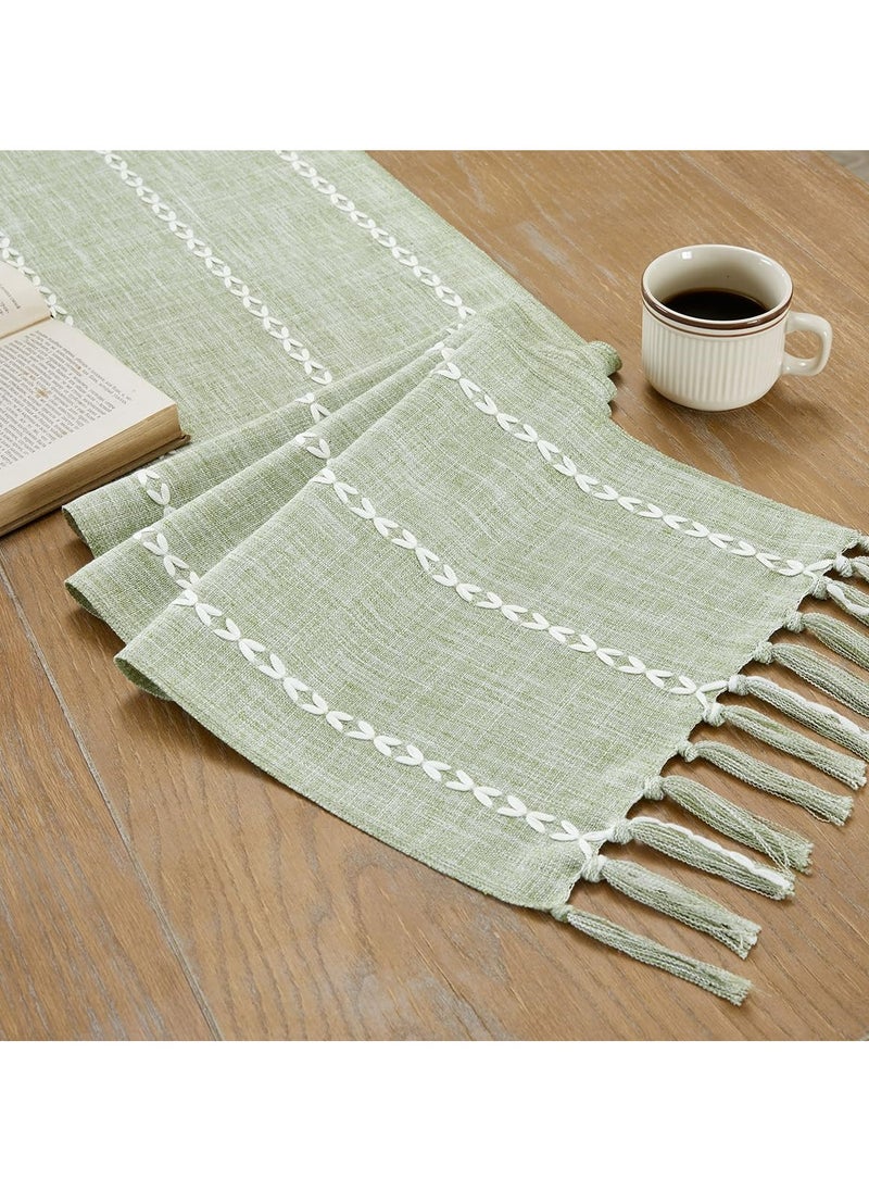 Dominy Rustic Linen Table Runner Farmhouse Style Table Runners 72 inches Long Embroidered Table Runner with Hand-Tassels for Party, Dresser Decor and Dining Room Decorations (Desert Sage, 13"×72")  - Image 3