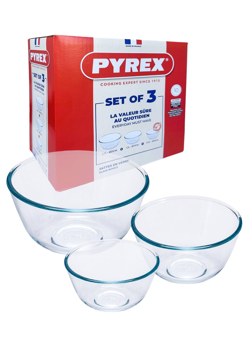 Pyrex Glass Mixing Bowl Set of 3 (2.3L, 1.1L, 0.7L) , Durable Heat-Resistant Bowls for Cooking, Baking & Serving, Microwave & Dishwasher Safe - Image 1