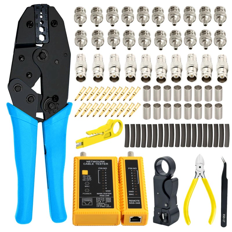 Gaobige Coaxial Cable Tool Kit BNC Crimp tool for RG58 RG59 RG62 RG174 20PCS BNC Male Crimp Connectors for RG58 and 10PCS Female to Female Connectors Heat Shrink Tubing Cable Tester Stripper
