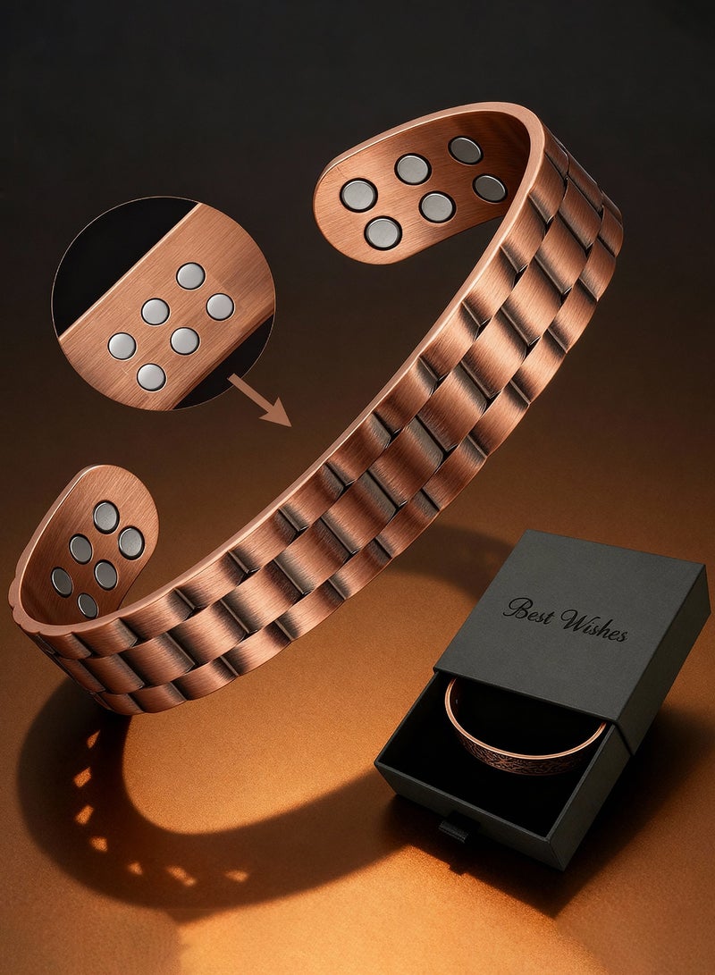 فوريكاسا سوار نحاسي مغناطيسي للرجال – يحتوي على 18 مغناطيسًا مدمجًا – نحاس خالص بنسبة ‎99.99%‎ – تصميم مفتوح قابل للتعديل ‎17.5 سم × 1.5 سم‎ – دعم للتوازن المغناطيسي الوظيفي - Image 1