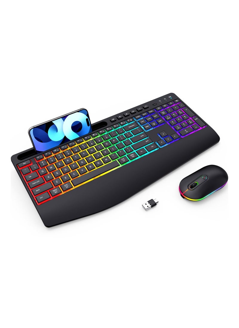 Aookay - Wireless Keyboard and Mouse RGB Backlit- 2.4G Rechargeable Keyboard Full-Size with Phone/Tablet Holder, Silent Ergonomic Wireless Keyboard Mouse Combo for Computer, PC, Laptop - Image 1