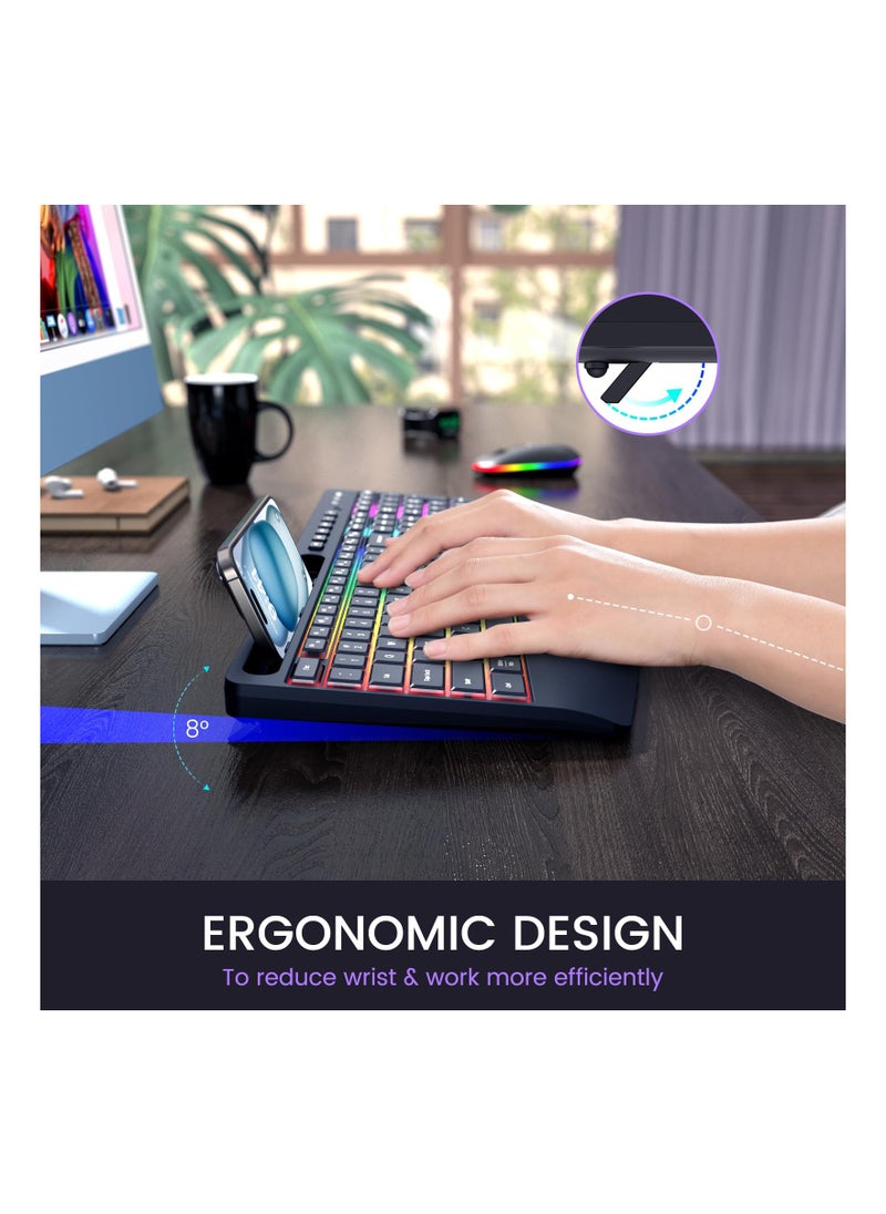 Aookay - Wireless Keyboard and Mouse RGB Backlit- 2.4G Rechargeable Keyboard Full-Size with Phone/Tablet Holder, Silent Ergonomic Wireless Keyboard Mouse Combo for Computer, PC, Laptop - Image 1