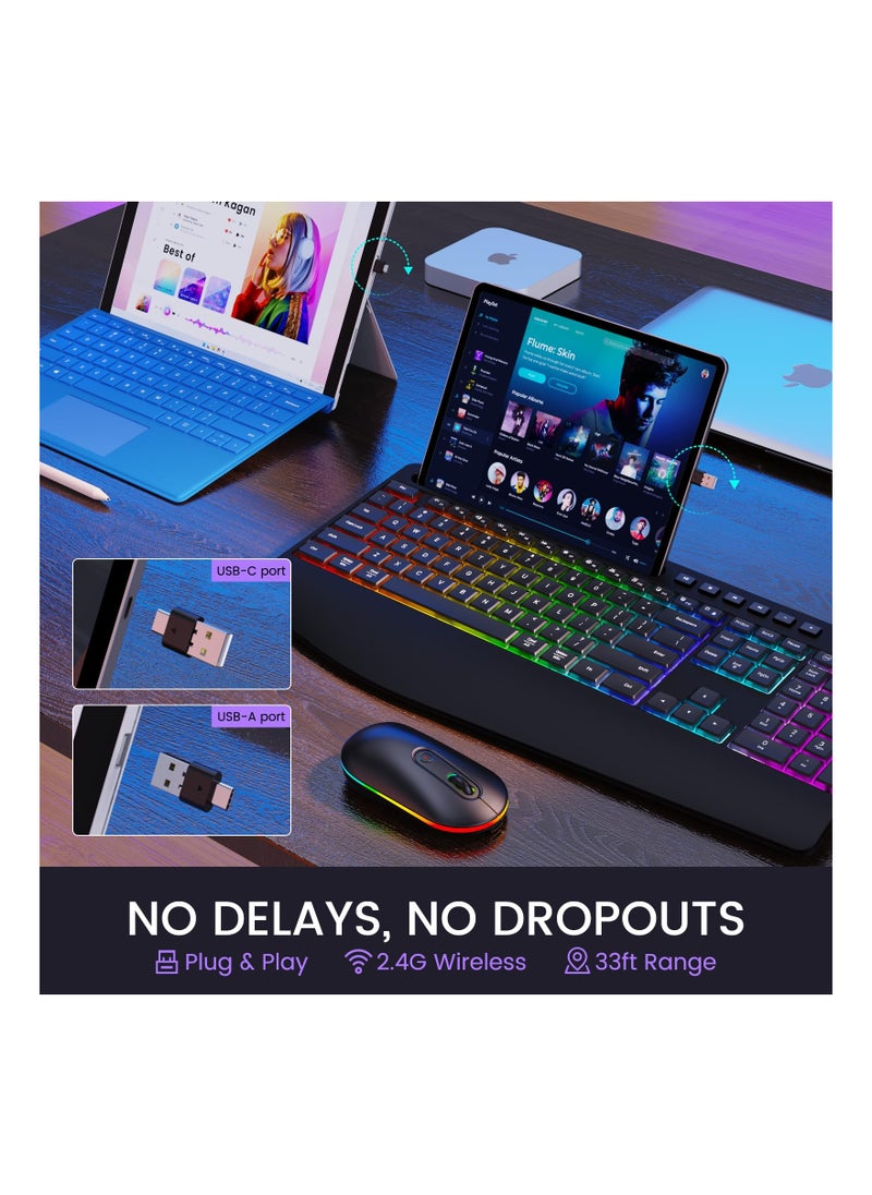 Aookay - Wireless Keyboard and Mouse RGB Backlit- 2.4G Rechargeable Keyboard Full-Size with Phone/Tablet Holder, Silent Ergonomic Wireless Keyboard Mouse Combo for Computer, PC, Laptop - Image 1