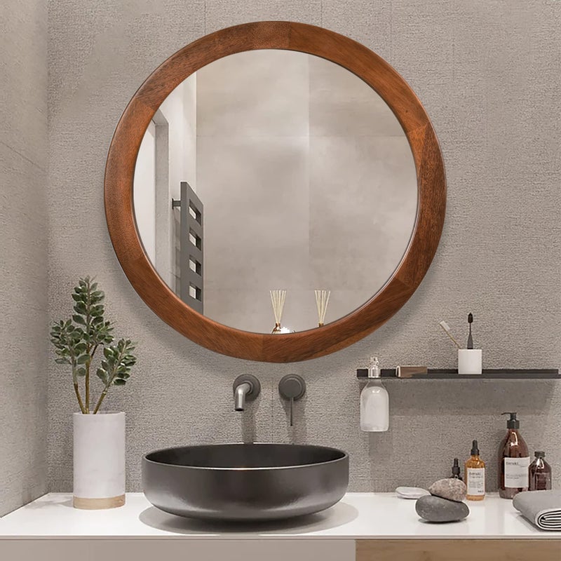 CULER Round Wood Mirror 24 InchCircle Mirror with Walnut Frame for WallRustic Decorative Round Wall Mirror for Bathroom Bedroom EntrywayWalnut Brown