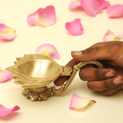 SHANTI 100% Pure Brass Lotus Shape Akahnd Diya/Oil Lamp/Kamal Patta Deepak/Diya for Puja Room Height:- 2.76 Inches - Image 5