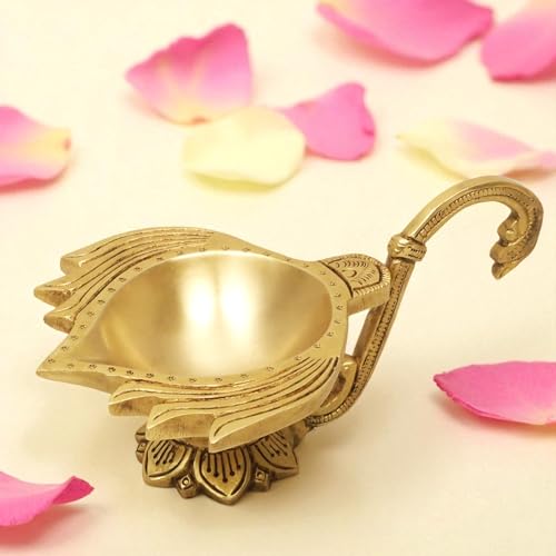 SHANTI 100% Pure Brass Lotus Shape Akahnd Diya/Oil Lamp/Kamal Patta Deepak/Diya for Puja Room Height:- 2.76 Inches - Image 1