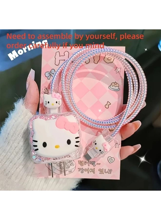 Hello Kitty 20W Silicone Charger And Data Cable Protective Case Pink White Bow Hearts - Image 1