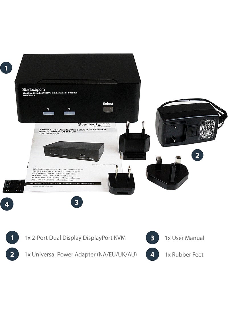 StarTech.com Dual Monitor DisplayPort KVM Switch - 2 Port - USB 2.0 Hub - Audio and Microphone - DP KVM Switch , TAA (SV231DPDDUA)