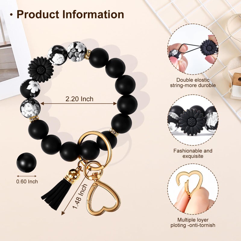 Weixiltc Silicone Bead Keychain Wristlet for Women, Charm Bracelet Key Chains, Car Key Rings Holder for Girls (Daisy Black) - Image 2