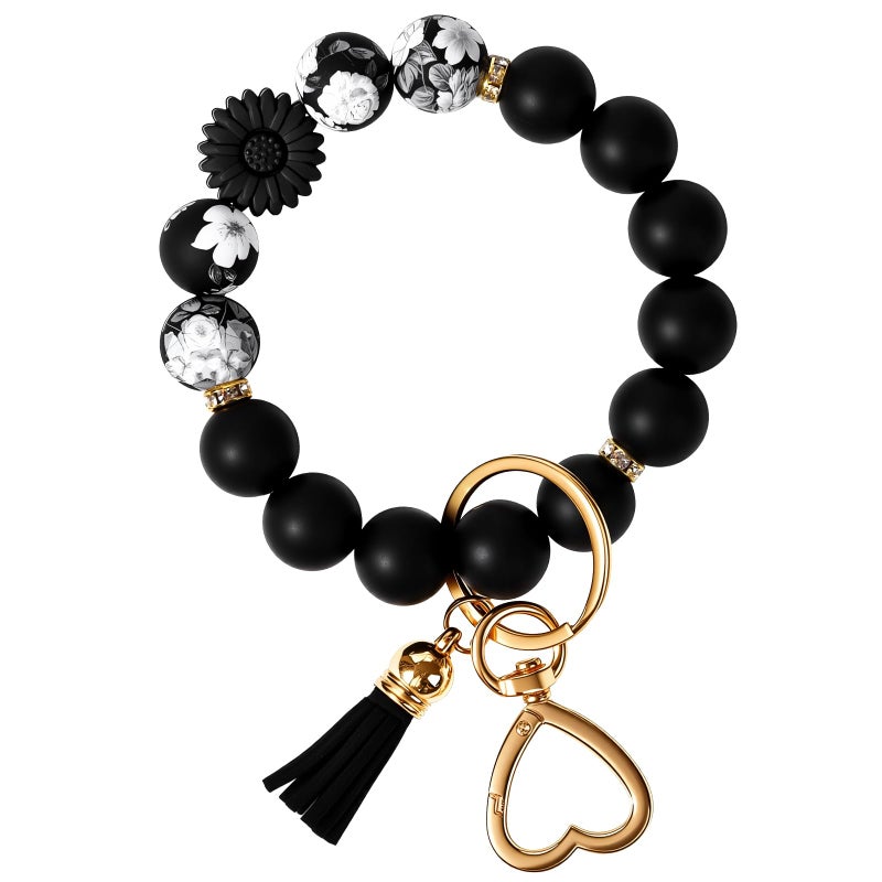 Weixiltc Silicone Bead Keychain Wristlet for Women, Charm Bracelet Key Chains, Car Key Rings Holder for Girls (Daisy Black) - Image 1