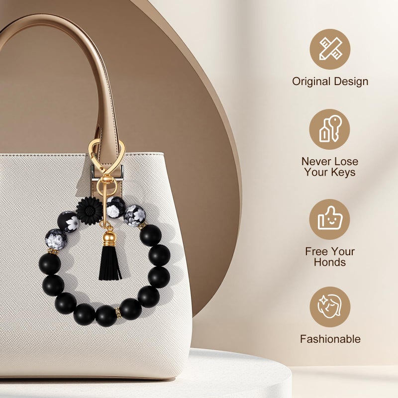 Weixiltc Silicone Bead Keychain Wristlet for Women, Charm Bracelet Key Chains, Car Key Rings Holder for Girls (Daisy Black) - Image 3