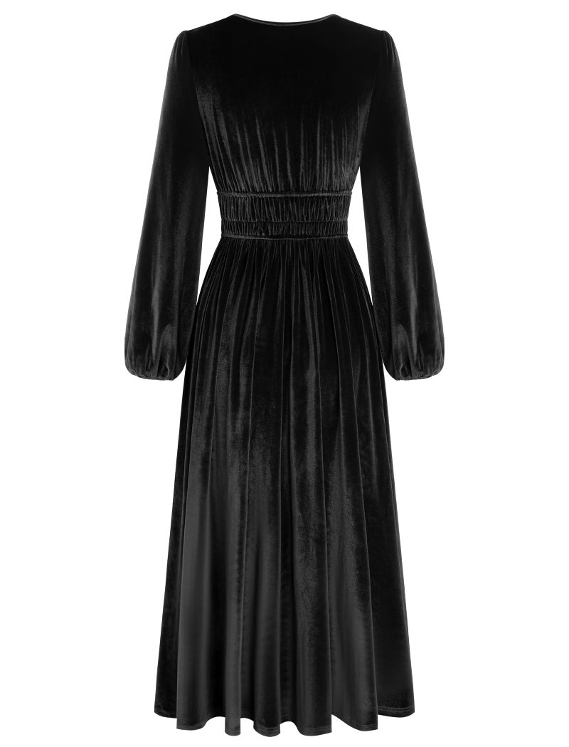 ZAFUL Womens Long Sleeve Velvet Dress 2025 Fall V Neck Holiday Cocktail Party Semi Formal Midi Dresses for Wedding Guest, Black, X-Large - Image 4