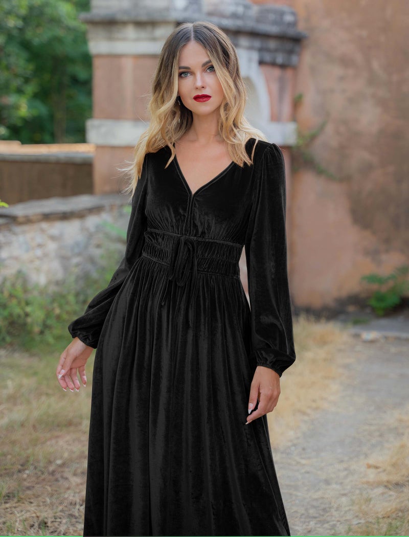 ZAFUL Womens Long Sleeve Velvet Dress 2025 Fall V Neck Holiday Cocktail Party Semi Formal Midi Dresses for Wedding Guest, Black, X-Large - Image 3
