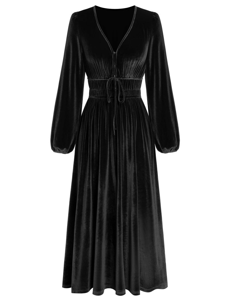 ZAFUL Womens Long Sleeve Velvet Dress 2025 Fall V Neck Holiday Cocktail Party Semi Formal Midi Dresses for Wedding Guest, Black, X-Large - Image 1