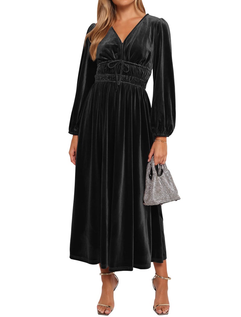 ZAFUL Womens Long Sleeve Velvet Dress 2025 Fall V Neck Holiday Cocktail Party Semi Formal Midi Dresses for Wedding Guest, Black, X-Large - Image 2