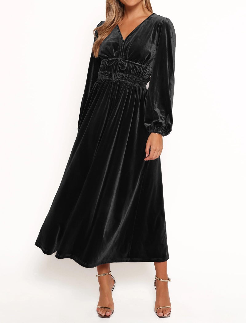 ZAFUL Womens Long Sleeve Velvet Dress 2025 Fall V Neck Holiday Cocktail Party Semi Formal Midi Dresses for Wedding Guest, Black, X-Large - Image 5