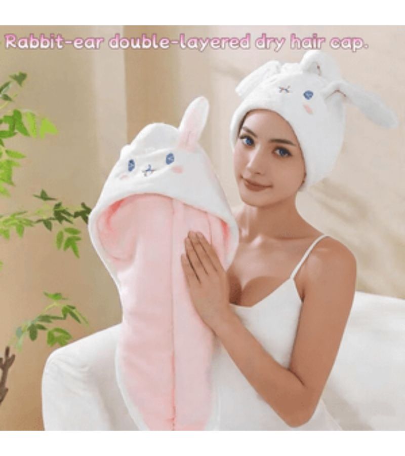 Double Layer Thickened Quick Dry Hair Towel Cap For Women White Blue - Image 1