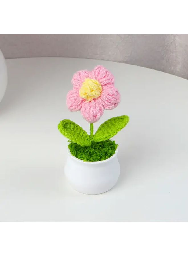 Red Hand Woven Crocheted Sunflower Puff Artificial Flower Pot Home Decorative Gift - Image 3