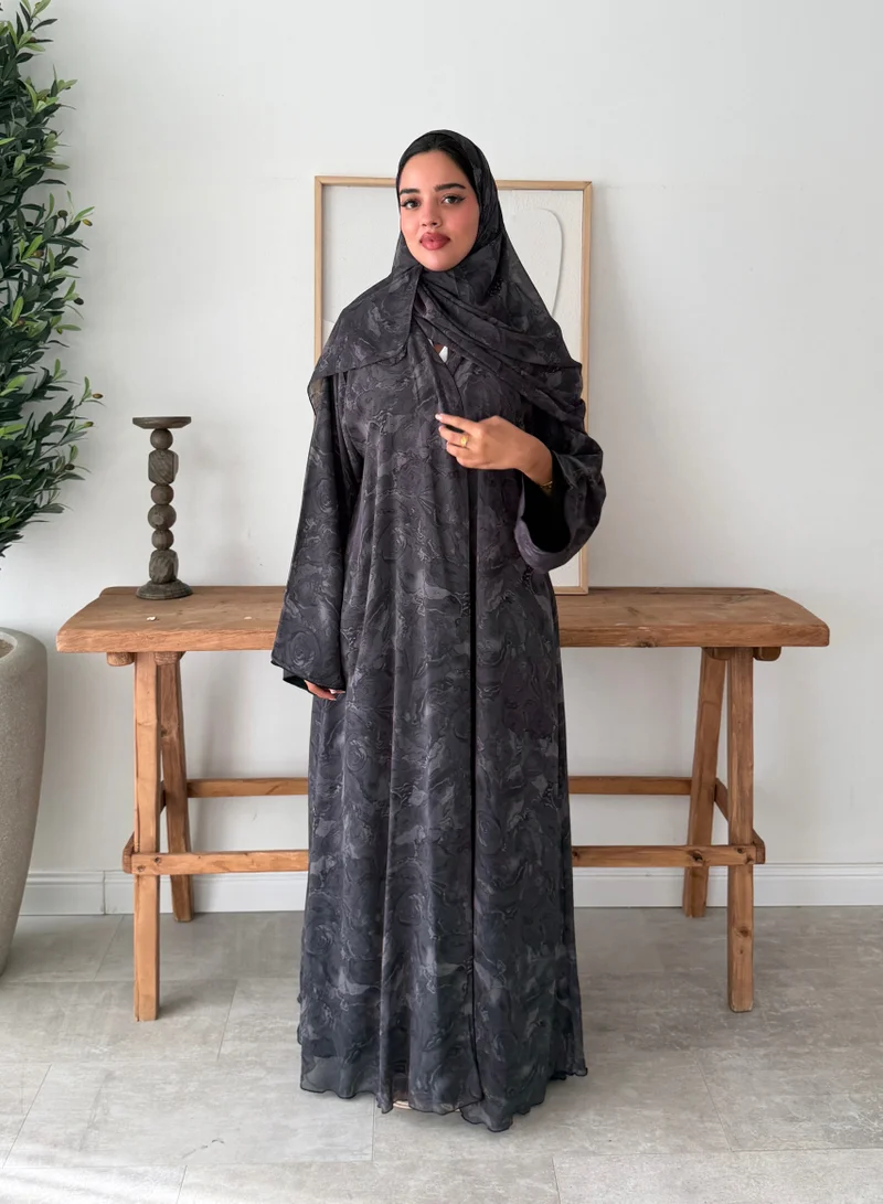 Lusin Abaya Rippled Indian Chiffon Lined Abaya with Veil – Grey