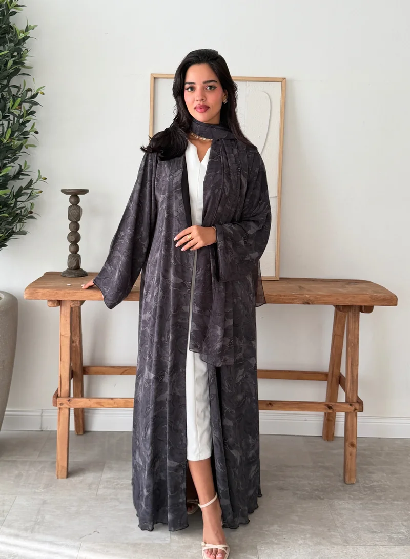 Lusin Abaya Rippled Indian Chiffon Lined Abaya with Veil – Grey