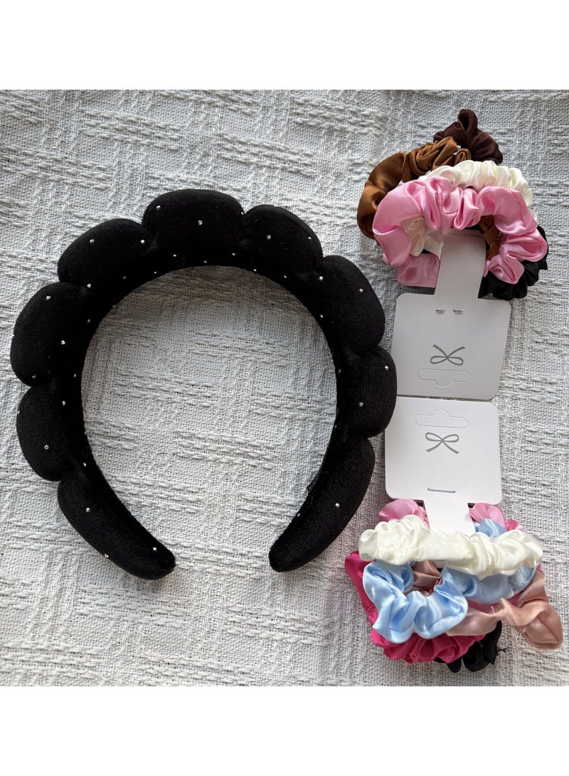 Padded Velvet Headband with Rhinestones + 12 Satin Hair Scrunchies Set | Gentle & Elastic | Everyday & Gift Use - Image 1