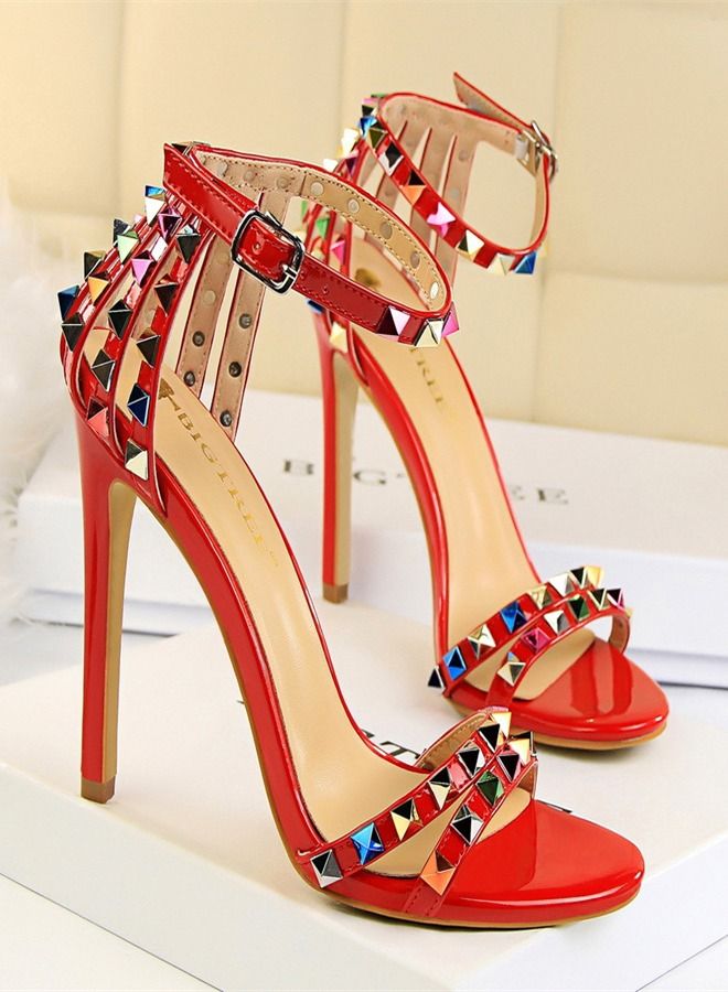 BIGTREE Colored Rivet High Heel Sandals 11CM Red  - Image 1