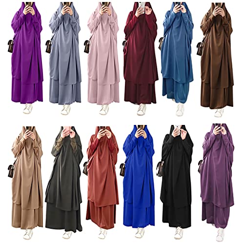 FPOVFPO Womens Muslim Abaya Solid 2 Piece Prayer Dress Islamic Maxi Kaftan with Hijab Dubai Full Length Dress - Image 3