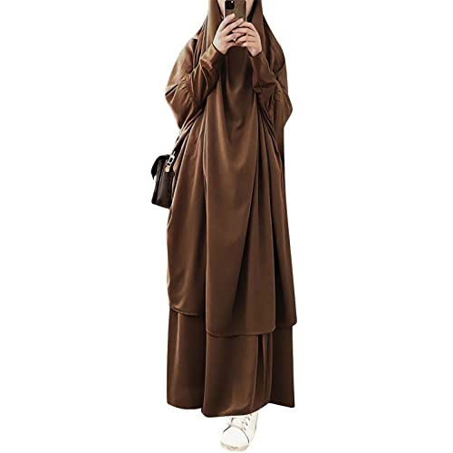 FPOVFPO Womens Muslim Abaya Solid 2 Piece Prayer Dress Islamic Maxi Kaftan with Hijab Dubai Full Length Dress - Image 1
