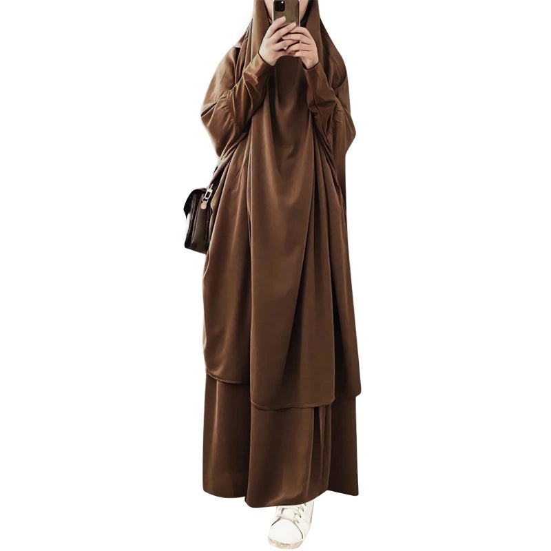 FPOVFPO Womens Muslim Abaya Solid 2 Piece Prayer Dress Islamic Maxi Kaftan with Hijab Dubai Full Length Dress - Image 2