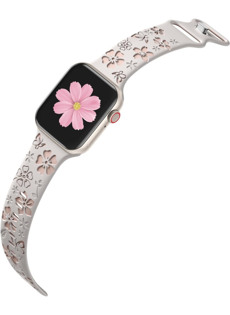 Floral Engraved Band Compatible with Apple Watch Band Women 40mm 38mm 41mm , Soft Silicone Two-Tone Flower Sport Strap for iWatch Series 9 8 7 6 5 4 3 2 1 SE - Image 3