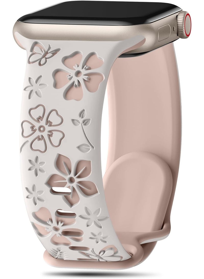 Floral Engraved Band Compatible with Apple Watch Band Women 40mm 38mm 41mm , Soft Silicone Two-Tone Flower Sport Strap for iWatch Series 9 8 7 6 5 4 3 2 1 SE - Image 1