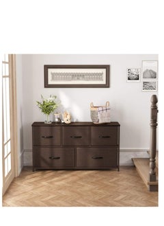 Golden Wooden Chest Of Drawers, Fabric 5-Drawer Dresser Vanity Table with Steel Frame for Bedroom, Dressing Table Organizer with Wood Desktop, Multifunction Storage Cabinet for Closet Entryway Living Room  - Image 3