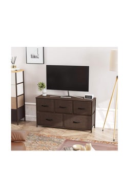 Golden Wooden Chest Of Drawers, Fabric 5-Drawer Dresser Vanity Table with Steel Frame for Bedroom, Dressing Table Organizer with Wood Desktop, Multifunction Storage Cabinet for Closet Entryway Living Room  - Image 1