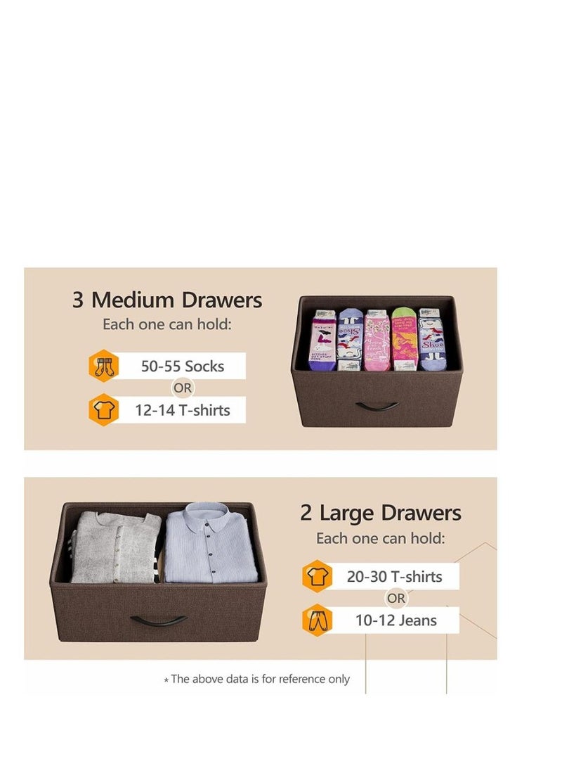 Golden Wooden Chest Of Drawers, Fabric 5-Drawer Dresser Vanity Table with Steel Frame for Bedroom, Dressing Table Organizer with Wood Desktop, Multifunction Storage Cabinet for Closet Entryway Living Room  - Image 4