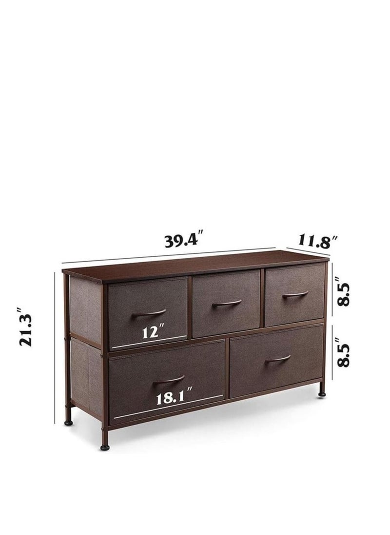Golden Wooden Chest Of Drawers, Fabric 5-Drawer Dresser Vanity Table with Steel Frame for Bedroom, Dressing Table Organizer with Wood Desktop, Multifunction Storage Cabinet for Closet Entryway Living Room  - Image 2