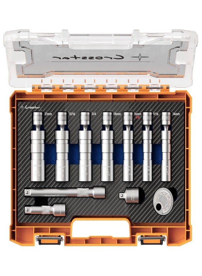 Crosstar 11PCS 3/8" Drive Magnetic Swivel Spark Plug Socket Set, CR-V Steel with 18mm/13/16"/14mm, 3" & 6" Extensions, Gripper & Foam Case - Pro Auto Tools - Image 1