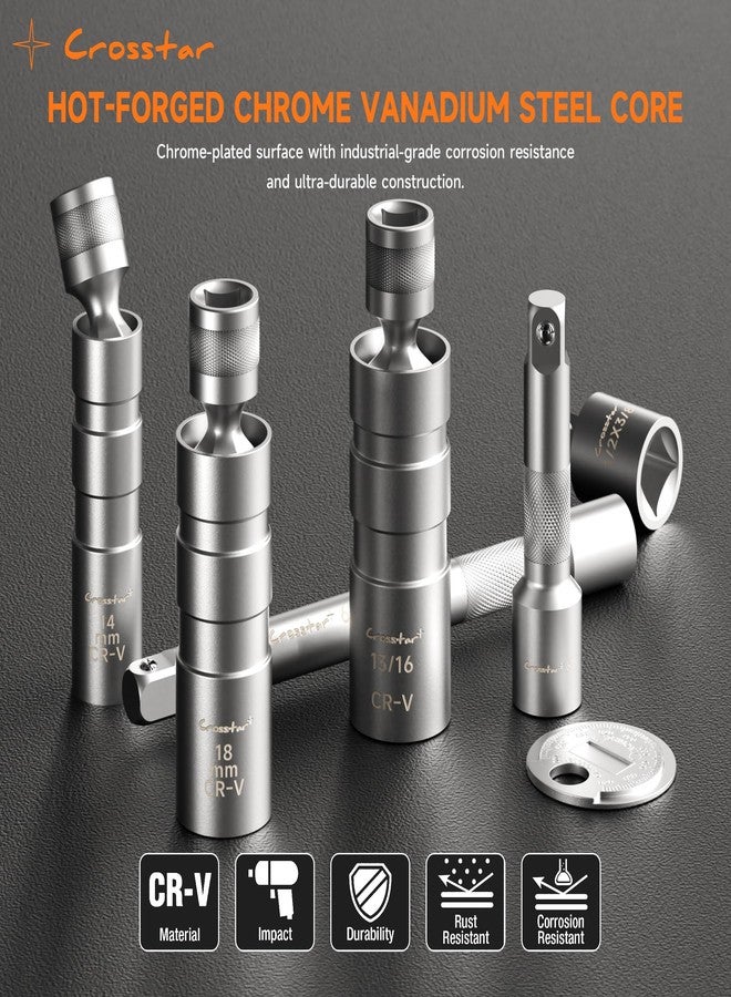 Crosstar 11PCS 3/8" Drive Magnetic Swivel Spark Plug Socket Set, CR-V Steel with 18mm/13/16"/14mm, 3" & 6" Extensions, Gripper & Foam Case - Pro Auto Tools - Image 3