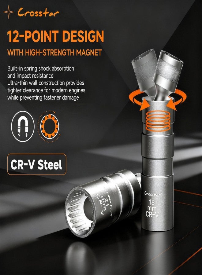 Crosstar 11PCS 3/8" Drive Magnetic Swivel Spark Plug Socket Set, CR-V Steel with 18mm/13/16"/14mm, 3" & 6" Extensions, Gripper & Foam Case - Pro Auto Tools - Image 4